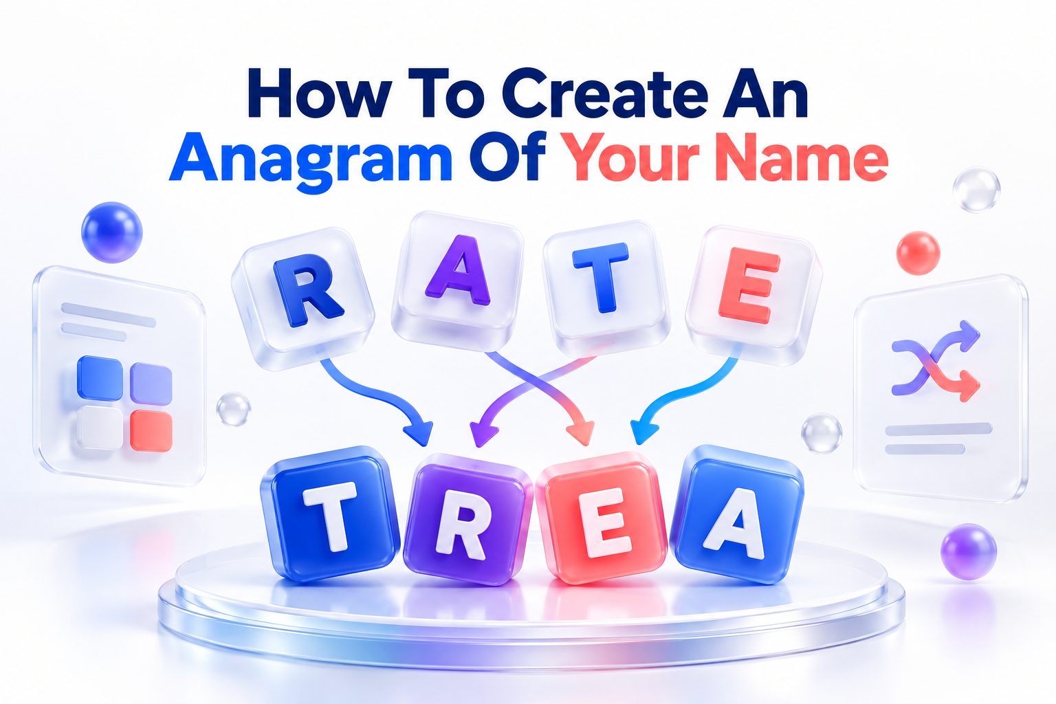 Scattered letter tiles rearranging a name into an anagram