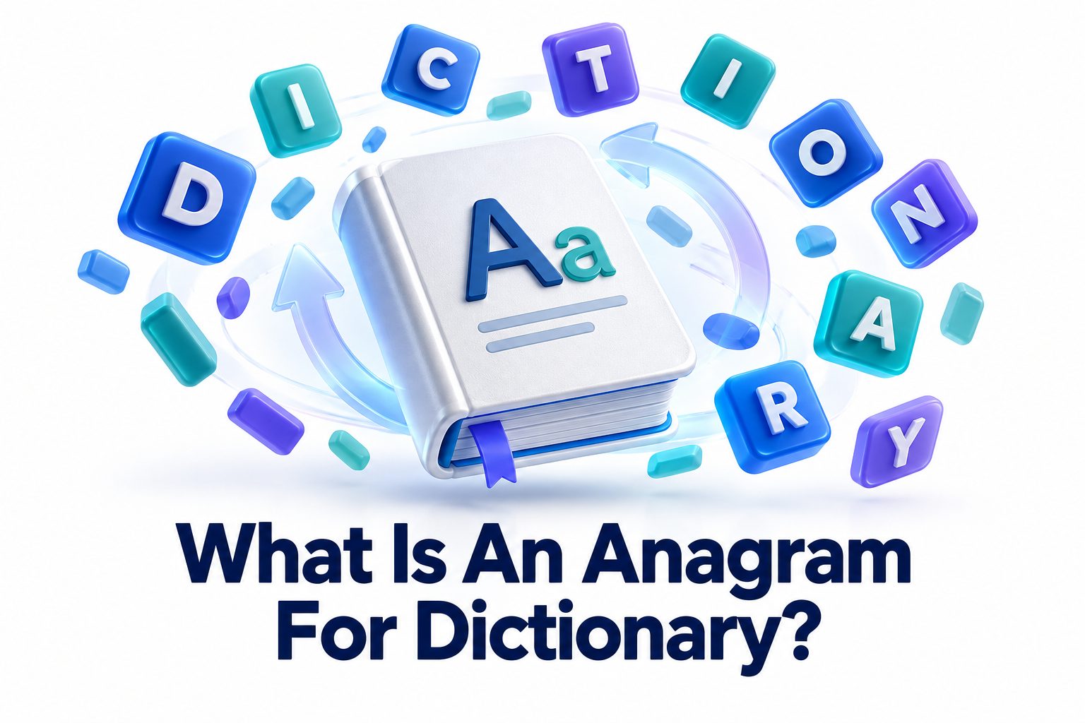 Scrabble-style letter tiles spelling DICTIONARY with mixed letters suggesting an anagram